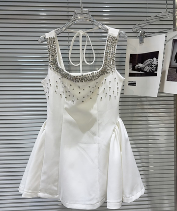 Cute A Line Strap Rhinestone White Satin Short Homecoming Dress Cocktail Dress HZ1023